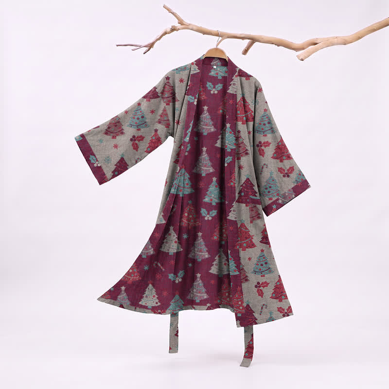 Kimono de Noël Ownkoti en gaze de coton, motif sapin de Noël - Beige - XXL - image 18