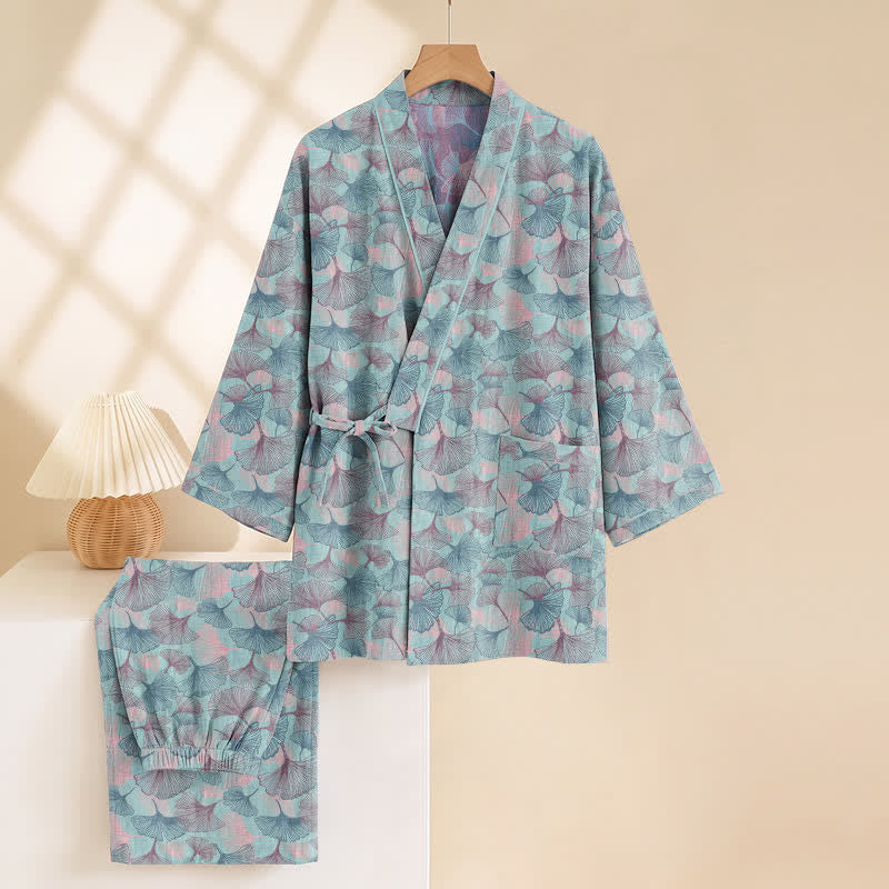 Ensemble kimono pyjama en coton à motif feuille de ginkgo rétro Ownkoti - image 4