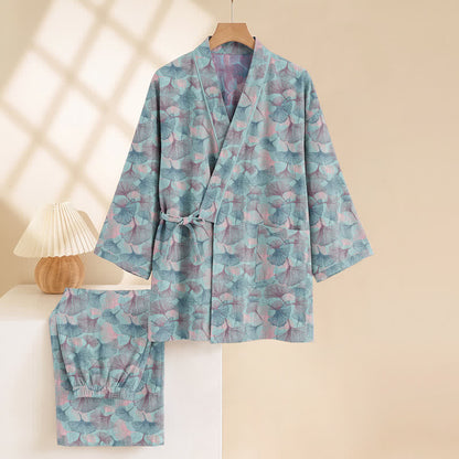 Ensemble kimono pyjama en coton à motif feuille de ginkgo rétro Ownkoti - image 4
