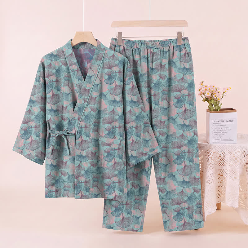 Ensemble kimono pyjama en coton à motif feuille de ginkgo rétro Ownkoti - image 2