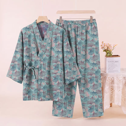 Ensemble kimono pyjama en coton à motif feuille de ginkgo rétro Ownkoti - image 2
