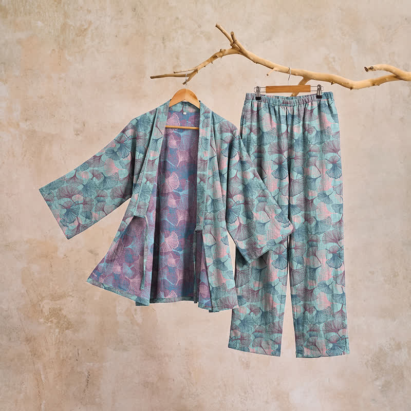 Ensemble kimono pyjama en coton à motif feuille de ginkgo rétro Ownkoti - image 3
