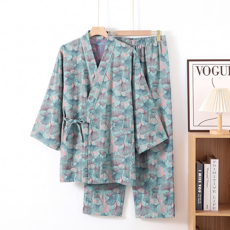 Ensemble kimono pyjama en coton à motif feuille de ginkgo rétro Ownkoti - Bleu - XL - image 1