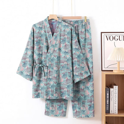 Ensemble kimono pyjama en coton à motif feuille de ginkgo rétro Ownkoti - Bleu - XL - image 1