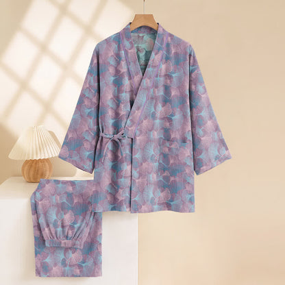 Ensemble kimono pyjama en coton à motif feuille de ginkgo rétro Ownkoti - image 10