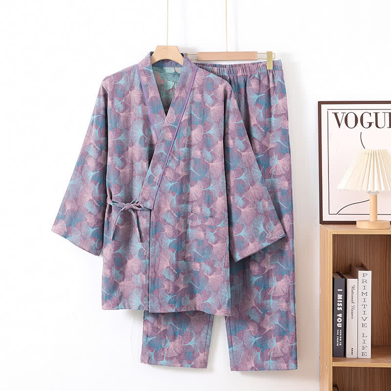 Ensemble kimono pyjama en coton à motif feuille de ginkgo rétro Ownkoti - Violet - XL - image 6