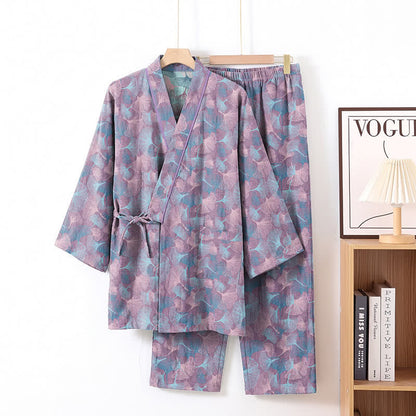 Ensemble kimono pyjama en coton à motif feuille de ginkgo rétro Ownkoti - Violet - XL - image 6