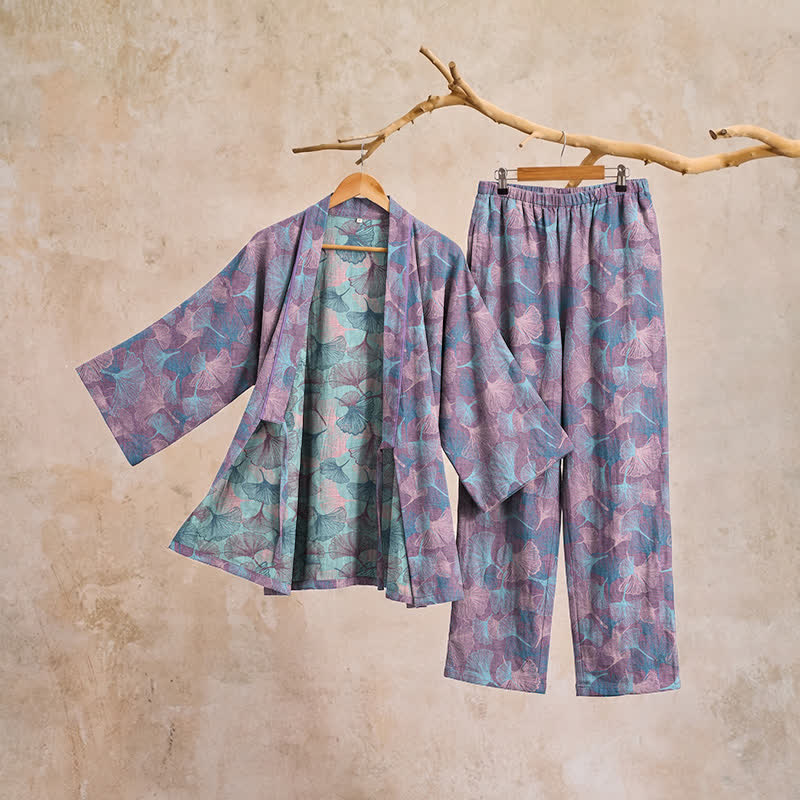 Ensemble kimono pyjama en coton à motif feuille de ginkgo rétro Ownkoti - image 9