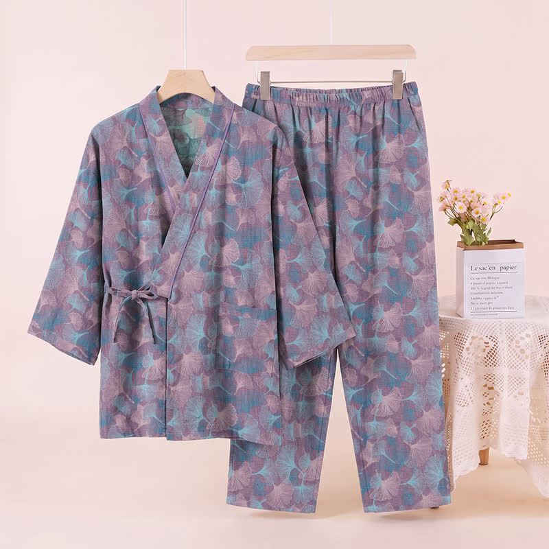Ensemble kimono pyjama en coton à motif feuille de ginkgo rétro Ownkoti - image 8