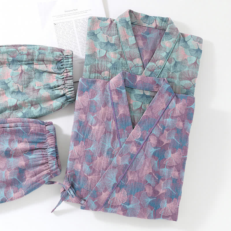 Ensemble kimono pyjama en coton à motif feuille de ginkgo rétro Ownkoti - image 11