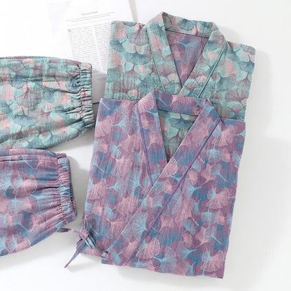 Ensemble kimono pyjama en coton à motif feuille de ginkgo rétro Ownkoti - image 11