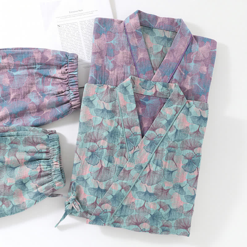 Ensemble kimono pyjama en coton à motif feuille de ginkgo rétro Ownkoti - image 5