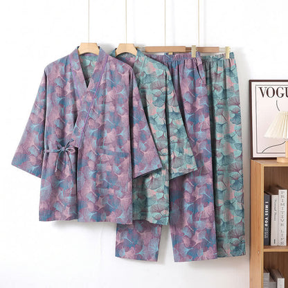 Ensemble kimono pyjama en coton à motif feuille de ginkgo rétro Ownkoti - image 7