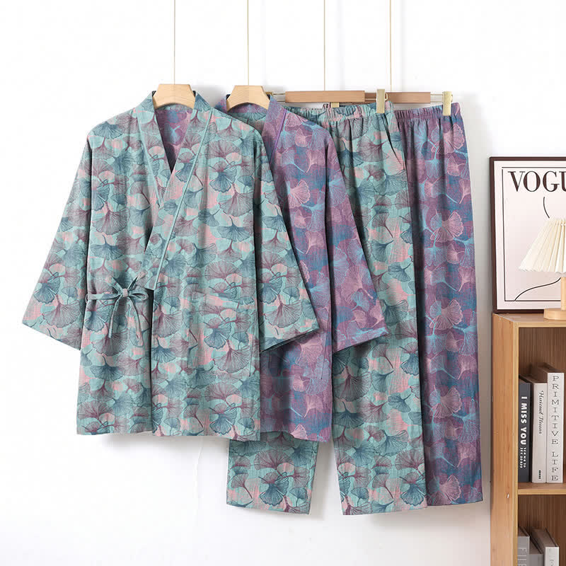 Ensemble kimono pyjama en coton à motif feuille de ginkgo rétro Ownkoti - image 0