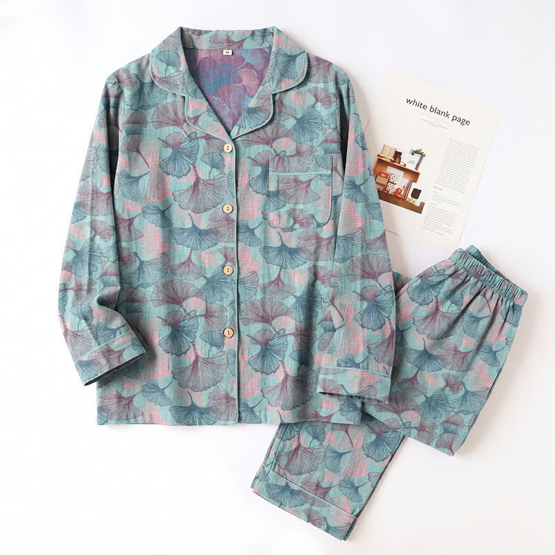 Ensemble de vêtements d'intérieur Ownkoti en coton à col cranté et motif feuille de ginkgo - image 2