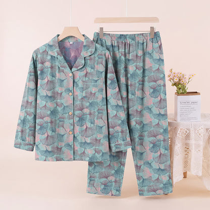 Ensemble de vêtements d'intérieur Ownkoti en coton à col cranté et motif feuille de ginkgo - Bleu - XL - image 0