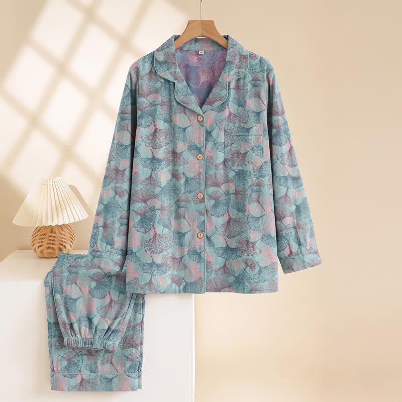 Ensemble de vêtements d'intérieur Ownkoti en coton à col cranté et motif feuille de ginkgo - image 1