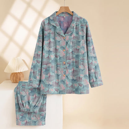 Ensemble de vêtements d'intérieur Ownkoti en coton à col cranté et motif feuille de ginkgo - image 1