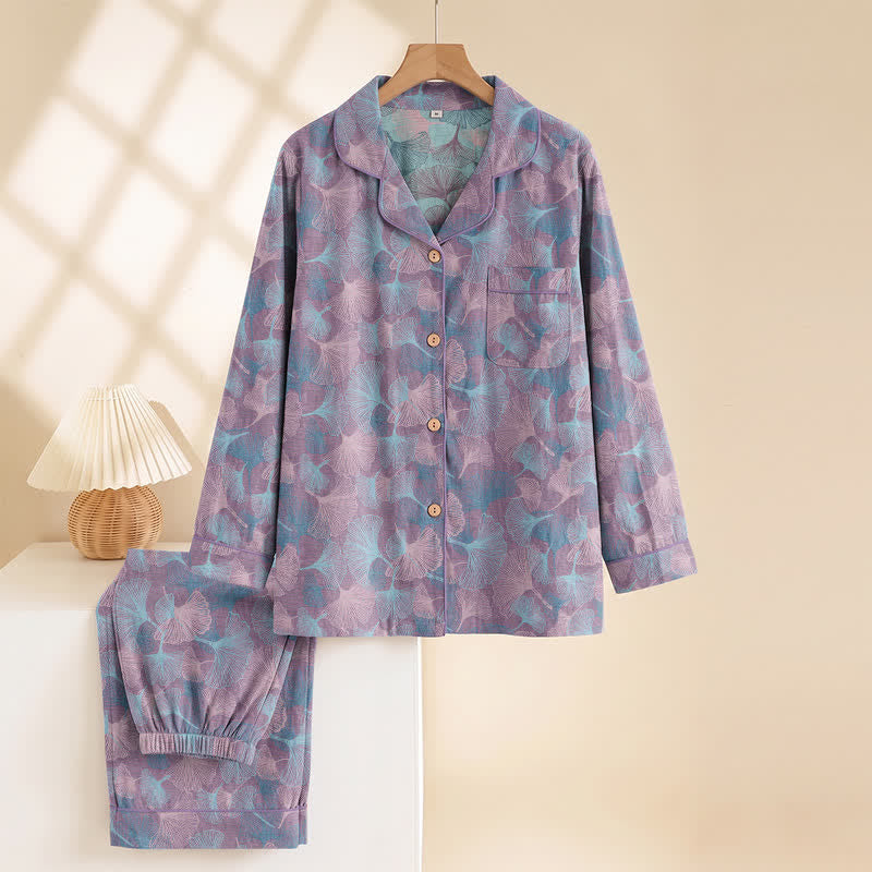 Ensemble de vêtements d'intérieur Ownkoti en coton à col cranté et motif feuille de ginkgo - image 7