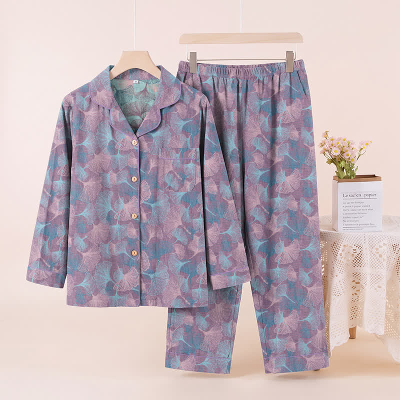 Ensemble de vêtements d'intérieur Ownkoti en coton à col cranté et motif feuille de ginkgo - Violet - XL - image 5
