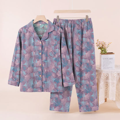 Ensemble de vêtements d'intérieur Ownkoti en coton à col cranté et motif feuille de ginkgo - Violet - XL - image 5