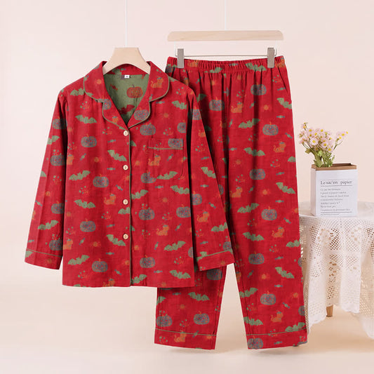 Ensemble de vêtements d'intérieur en coton Ownkoti Halloween citrouille chauve-souris - Rouge - XL - image 0