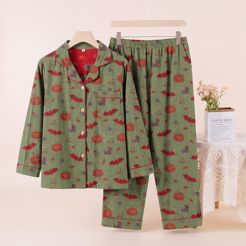 Ensemble de vêtements d'intérieur en coton Ownkoti Halloween citrouille chauve-souris - Vert - XL - image 6
