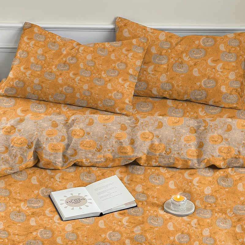 Ensemble de literie en coton Ownkoti Halloween Citrouille Lune - Orange - 2 taies d'oreiller - 20 po x 37 po - image 7