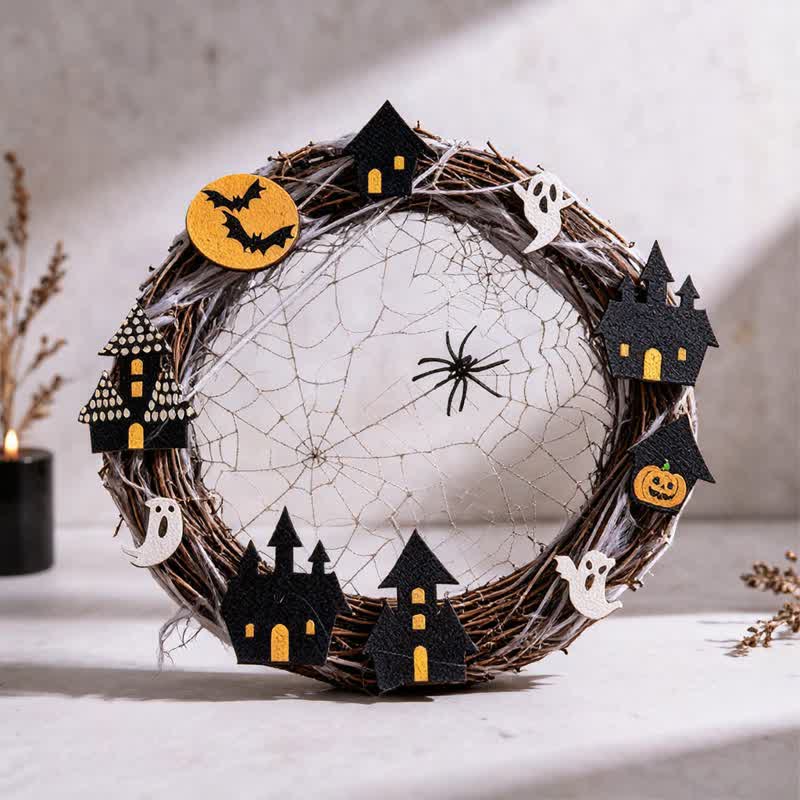 Couronne de brindilles d'Halloween Ownkoti avec décorations en forme de toile d'araignée - Noir - 12" x 12" - image 0