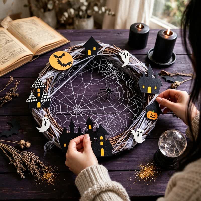 Couronne de brindilles d'Halloween Ownkoti avec décorations en forme de toile d'araignée - image 4