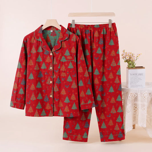 Ensemble de vêtements d'intérieur en gaze de coton à motif sapin de Noël Ownkoti - Rouge - XL - image 0