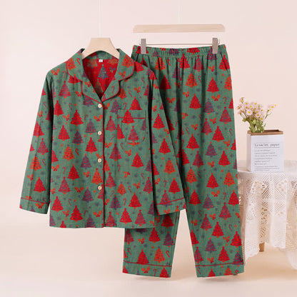 Ensemble de vêtements d'intérieur en gaze de coton à motif sapin de Noël Ownkoti - Vert - XL - image 6