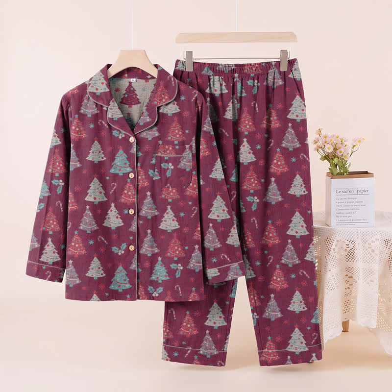 Ensemble de vêtements d'intérieur en gaze de coton à motif sapin de Noël Ownkoti - Violet - XL - image 12