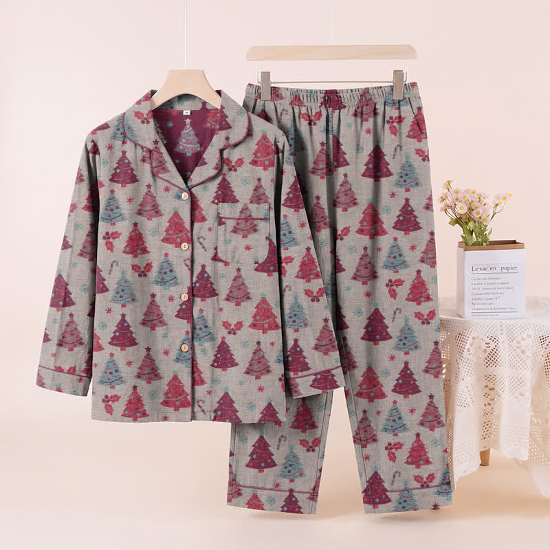 Ensemble de vêtements d'intérieur en gaze de coton à motif sapin de Noël Ownkoti - Beige - XL - image 18