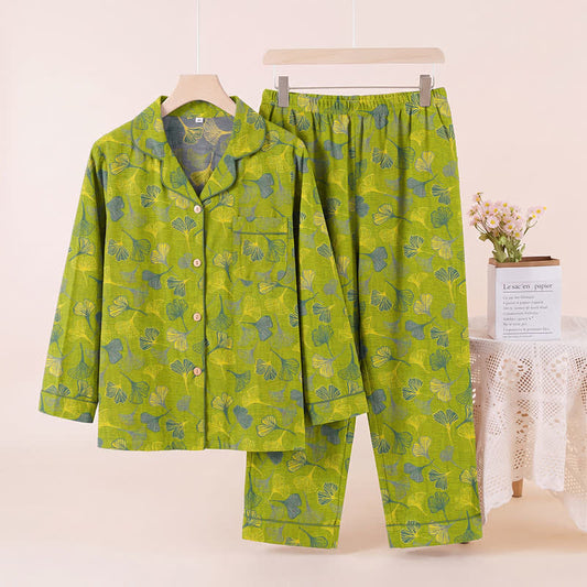 Ensemble de vêtements d'intérieur en coton à motif de feuilles de ginkgo Ownkoti, inspiré par la nature - Vert - XL - image 0