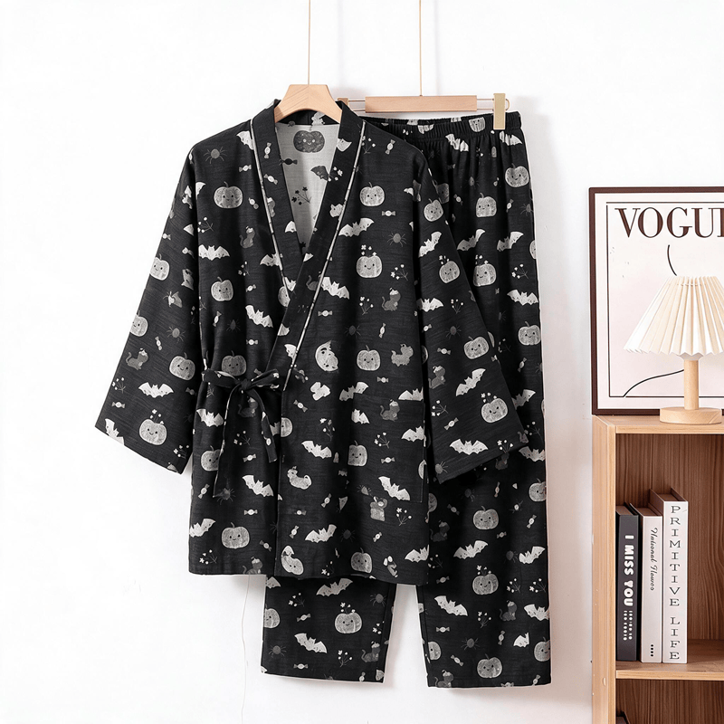 Ensemble pyjama kimono en coton Ownkoti Halloween chauve-souris citrouille - Noir - XL - image 1
