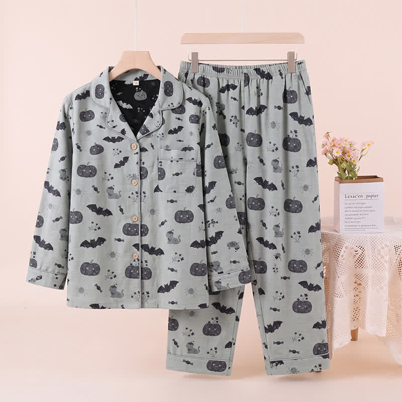 Ensemble de vêtements d'intérieur Ownkoti Halloween citrouille chauve-souris en gaze de coton - Gris - XL - image 5