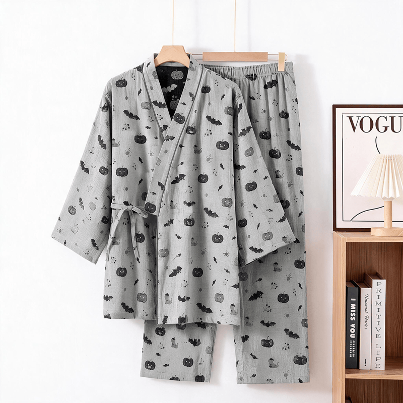 Ensemble pyjama kimono en coton Ownkoti Halloween chauve-souris citrouille - Gris - XL - image 6