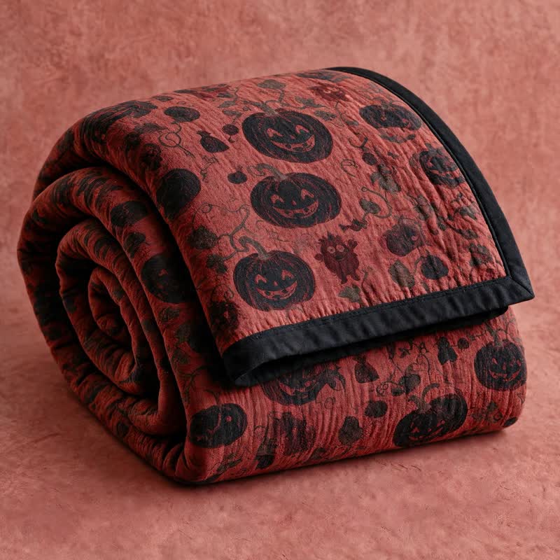 Couverture réversible en coton Ownkoti à motif citrouille bordeaux pour Halloween - Rouge - Couverture - 98" x 94" - image 0