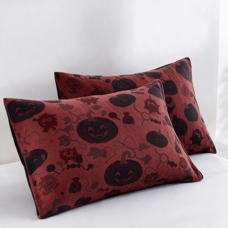 Couverture réversible en coton Ownkoti à motif citrouille bordeaux pour Halloween - Rouge - 2 taies d'oreiller - 20 po x 36 po - image 4