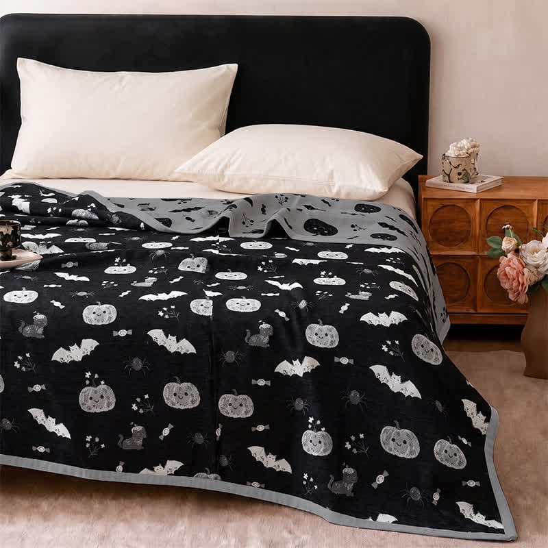 Couverture réversible en coton Ownkoti avec citrouille et chauve-souris mignonnes pour Halloween - image 3