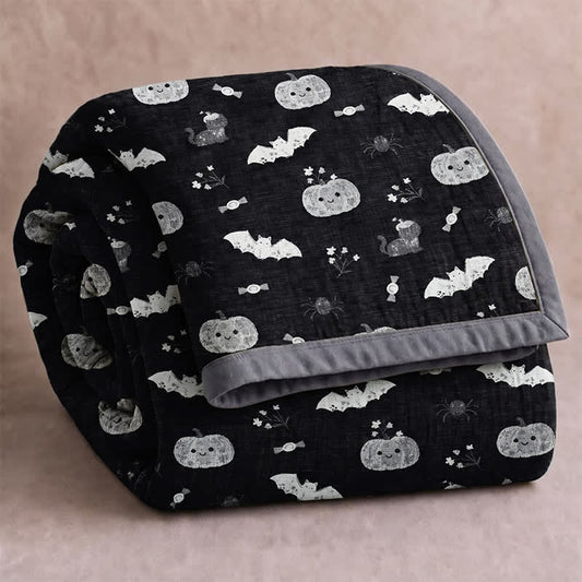 Couverture réversible en coton Ownkoti avec citrouille et chauve-souris mignonnes pour Halloween - Noir - Couverture - 98" x 94" - image 0