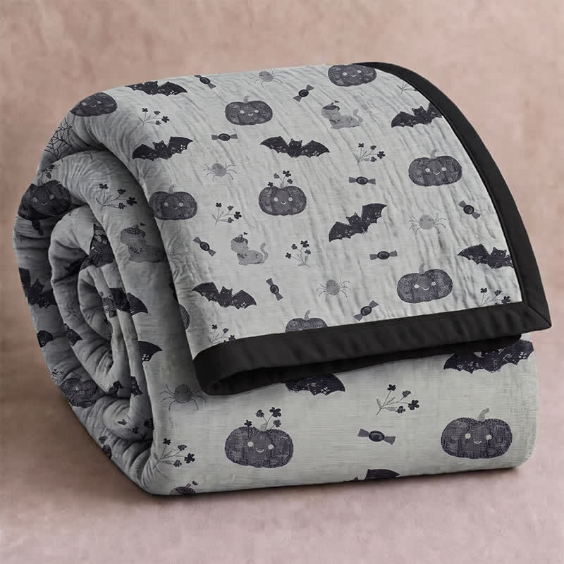 Couverture réversible en coton Ownkoti avec citrouille et chauve-souris mignonnes pour Halloween - Gris - Couverture - 98" x 94" - image 5
