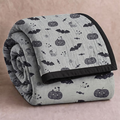 Couverture réversible en coton Ownkoti avec citrouille et chauve-souris mignonnes pour Halloween - Gris - Couverture - 98" x 94" - image 5
