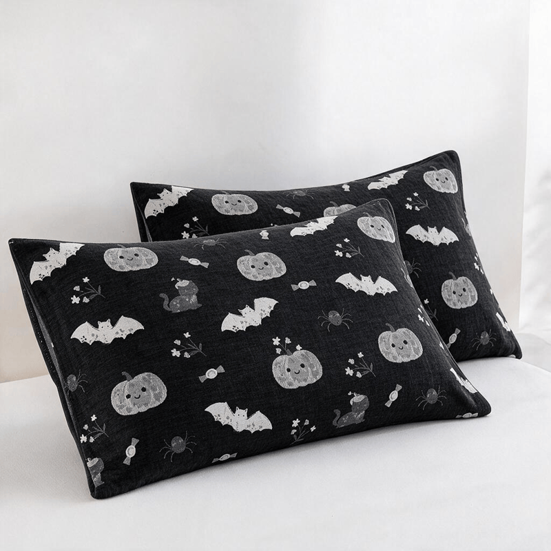 Couverture réversible en coton Ownkoti avec citrouille et chauve-souris mignonnes pour Halloween - Noir - 2 taies d'oreiller - 20 po x 36 po - image 4