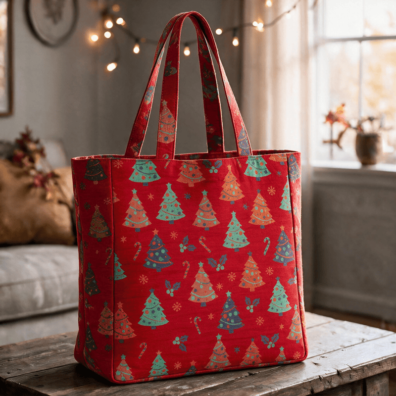 Sac cabas en coton Ownkoti avec motif sapin de Noël - Rouge - 14,2 po L × 15,4 po H × 4,1 po P - image 0