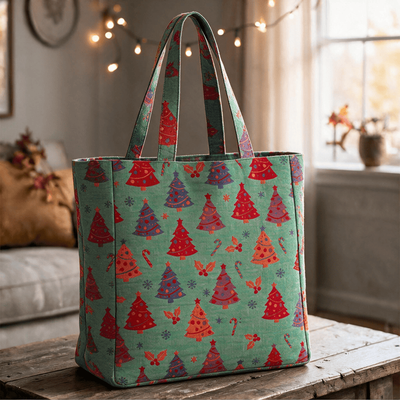 Sac cabas en coton Ownkoti avec motif sapin de Noël - Vert - 14,2 po L × 15,4 po H × 4,1 po P - image 4