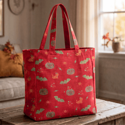 Sac cabas en coton Ownkoti citrouille chauve-souris d'Halloween - Rouge - 14,2 po L × 15,4 po H × 4,1 po P - image 0