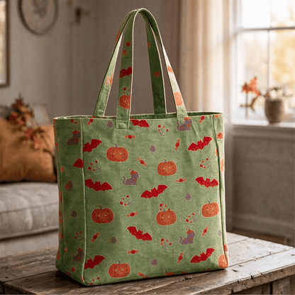 Sac cabas en coton Ownkoti citrouille chauve-souris d'Halloween - Vert - 14,2 po L × 15,4 po H × 4,1 po P - image 4
