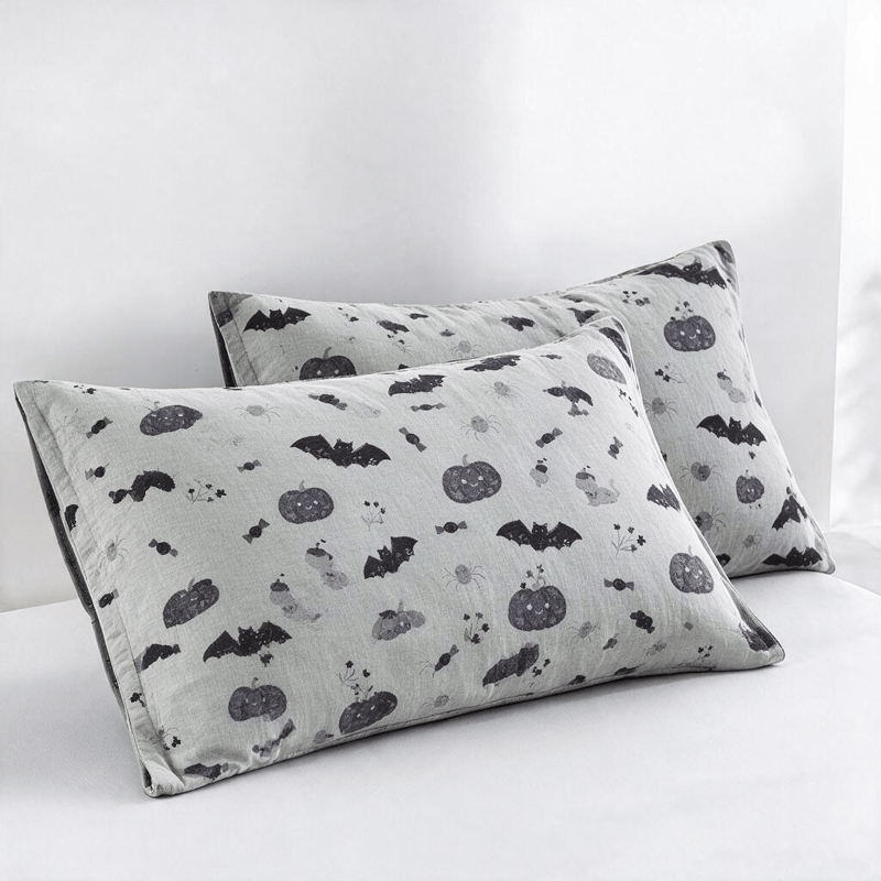 Couverture réversible en coton Ownkoti avec citrouille et chauve-souris mignonnes pour Halloween - Gris - 2 taies d'oreiller - 20 po x 36 po - image 9